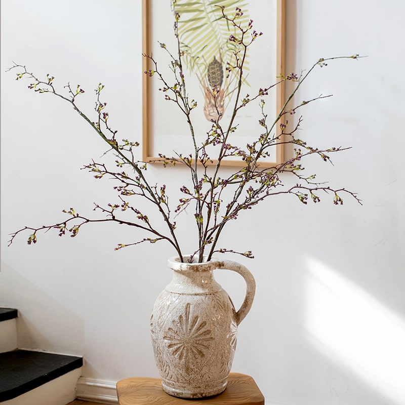 A tall 63-inch artificial Weigela flower stem in purple, white, and yellow colors, showcasing intricate handcrafted details.