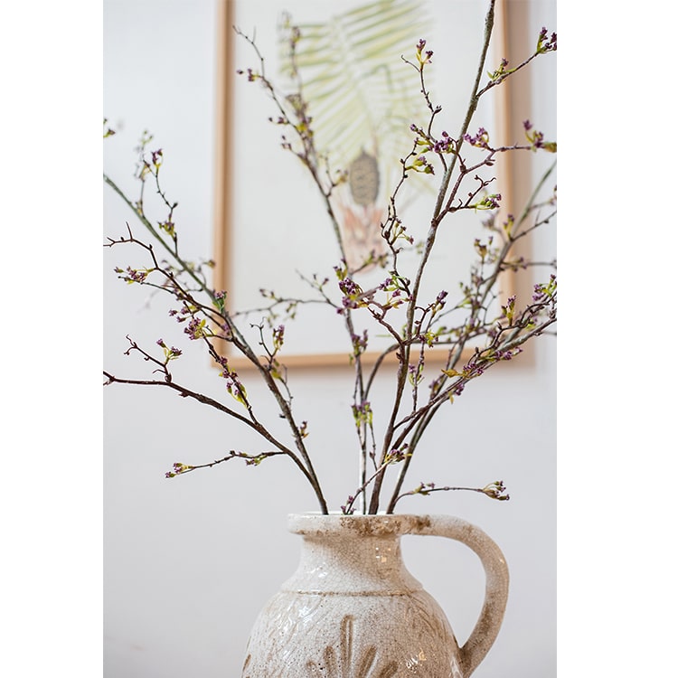 A tall 63-inch artificial Weigela flower stem in purple, white, and yellow colors, showcasing intricate handcrafted details.