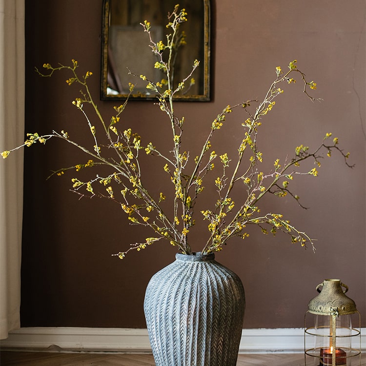 A tall 63-inch artificial Weigela flower stem in purple, white, and yellow colors, showcasing intricate handcrafted details.