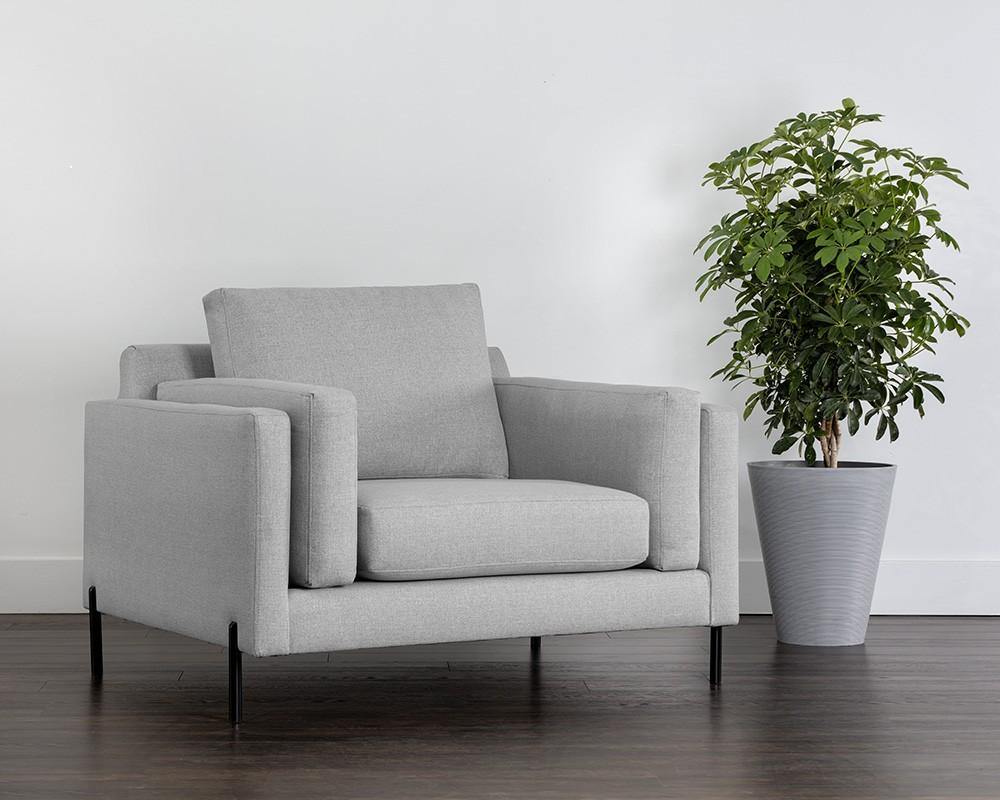 Lonsdale Armchair in Broderick Charcoal featuring a modern design with double cushioned armrests and sustainable fabric.