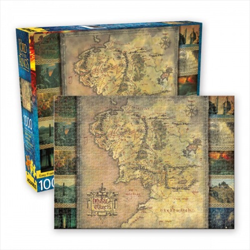 A detailed 1000 piece puzzle featuring a map of Middle-earth from the Lord of the Rings series, showcasing iconic locations.