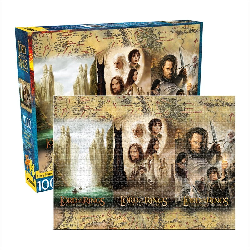 A beautifully designed 1000 piece puzzle featuring iconic scenes from the Lord Of The Rings trilogy, showcasing vibrant colors and intricate details.