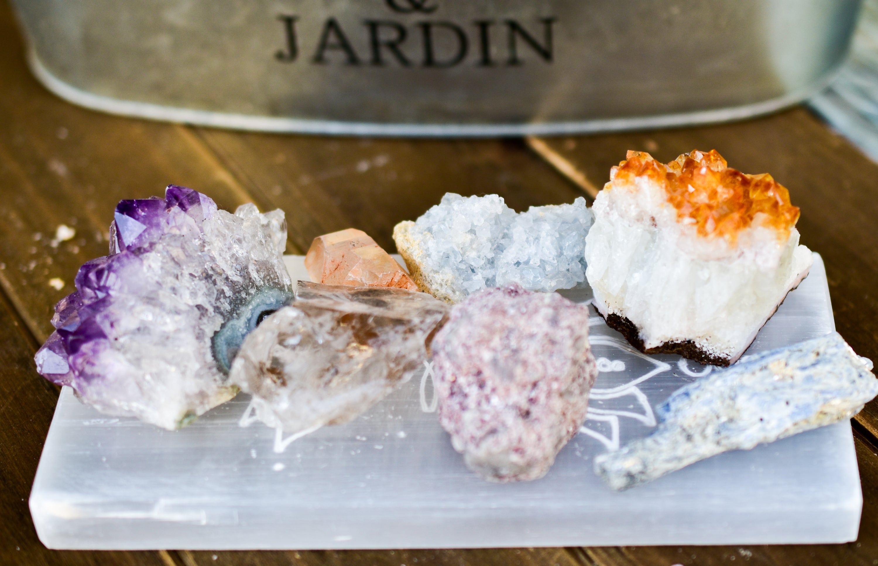 Large rectangular selenite plate engraved with lotus flower and unalome design, perfect for charging crystals.