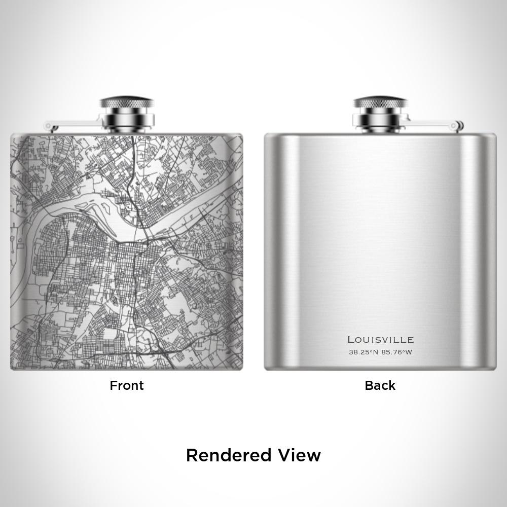 Custom engraved 6oz hip flask featuring a detailed map of Louisville, Kentucky, with a canvas bag and funnel included.