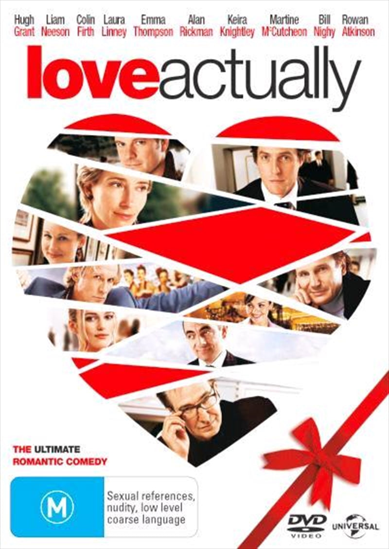 Love Actually DVD cover featuring an ensemble cast in a festive setting, showcasing the romantic comedy theme.