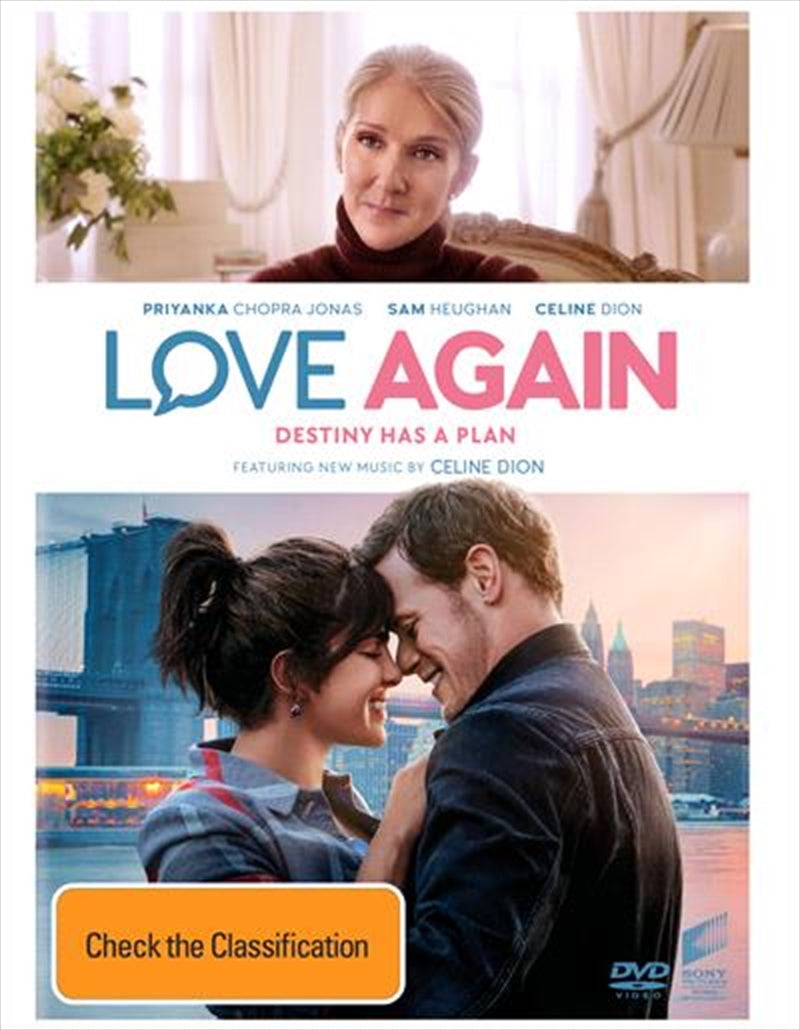 Love Again DVD cover featuring Priyanka Chopra Jonas and Sam Heughan, showcasing a romantic theme.