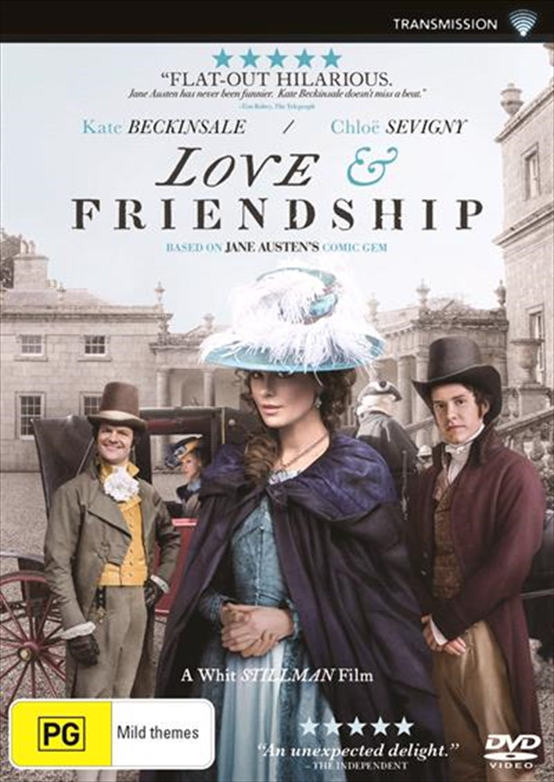 Cover of Love and Friendship DVD featuring Lady Vernon and her suitors in a romantic setting.