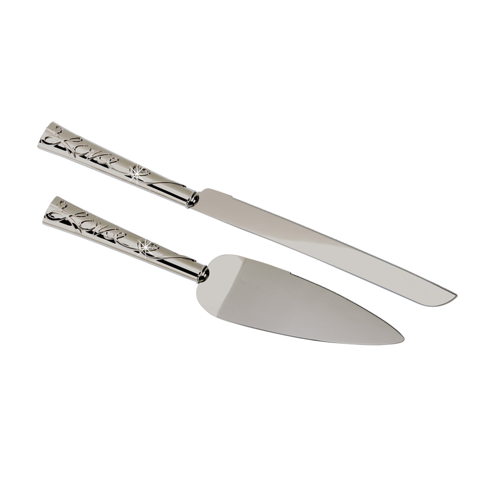 Elegant 'Love' Cake Knife and Server Set with crystal heart, perfect for weddings.