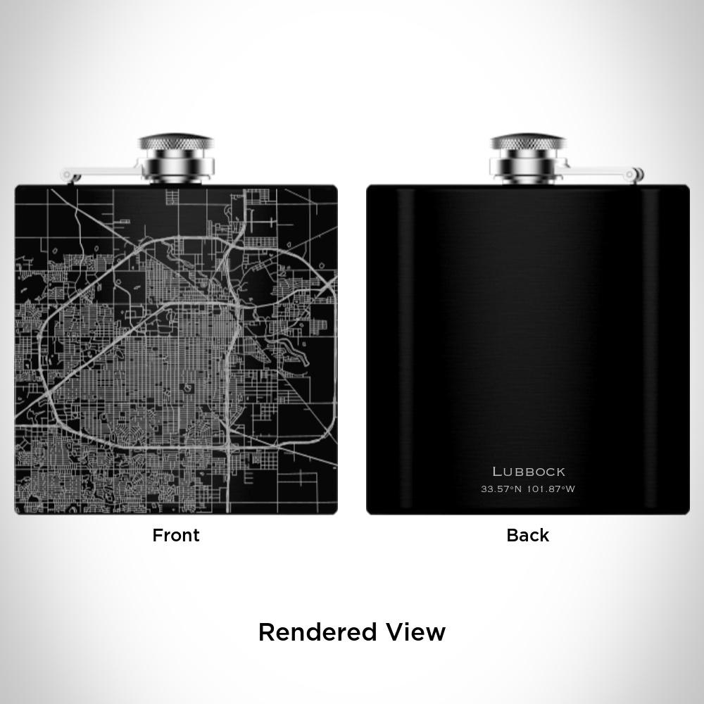 Matte black hip flask featuring a custom engraved map of Lubbock, Texas with coordinates, accompanied by a canvas bag and funnel.