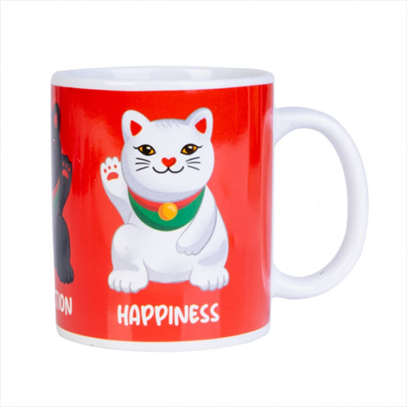 Lucky Kitty Coffee Mug featuring three cute kitties with positive phrases.