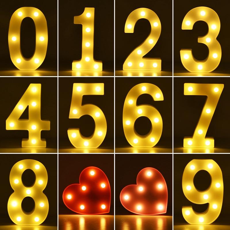 Luminous LED Letter Night Light displaying warm white light, perfect for weddings and parties, featuring various letters and numbers.