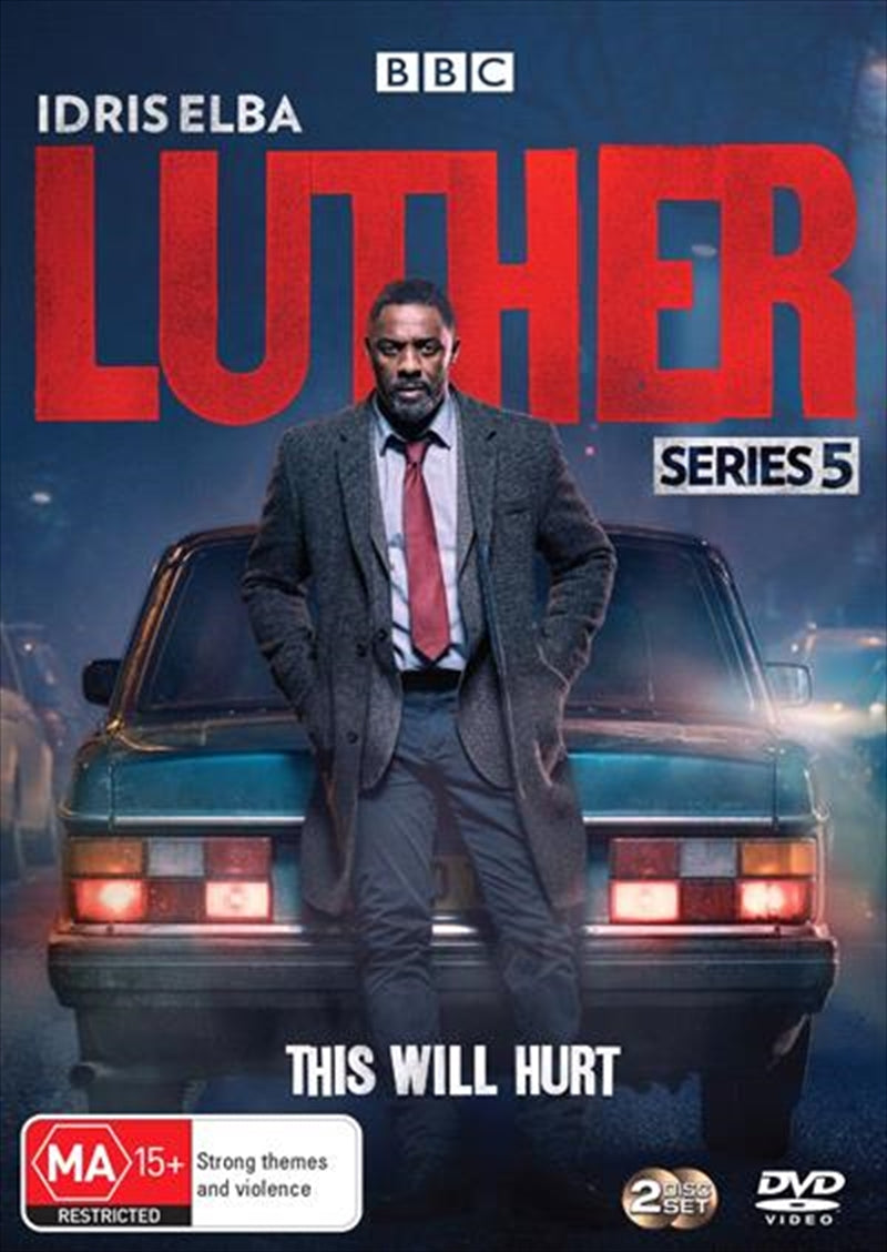 Luther - Series 5 DVD cover featuring John Luther in a dark London setting, showcasing suspenseful crime drama elements.