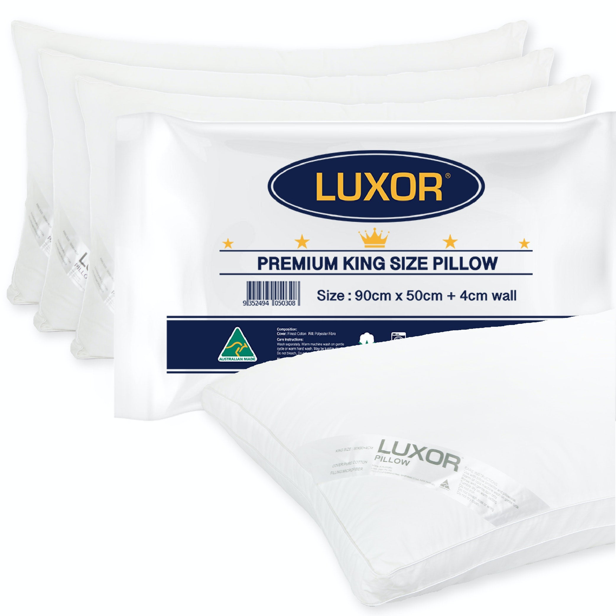 Luxor Australian Made Hotel King Size Pillow with 4cm wall, featuring a soft Japara cotton cover and premium memory resistant fibre filling.