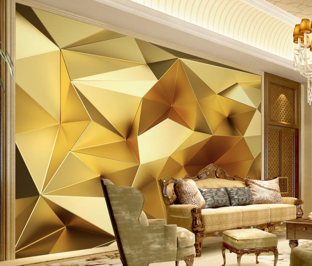 Luxurious Golden Geometric Polygon 3D TV Backdrop Wallpaper showcasing a modern design with intricate geometric patterns in golden hues.