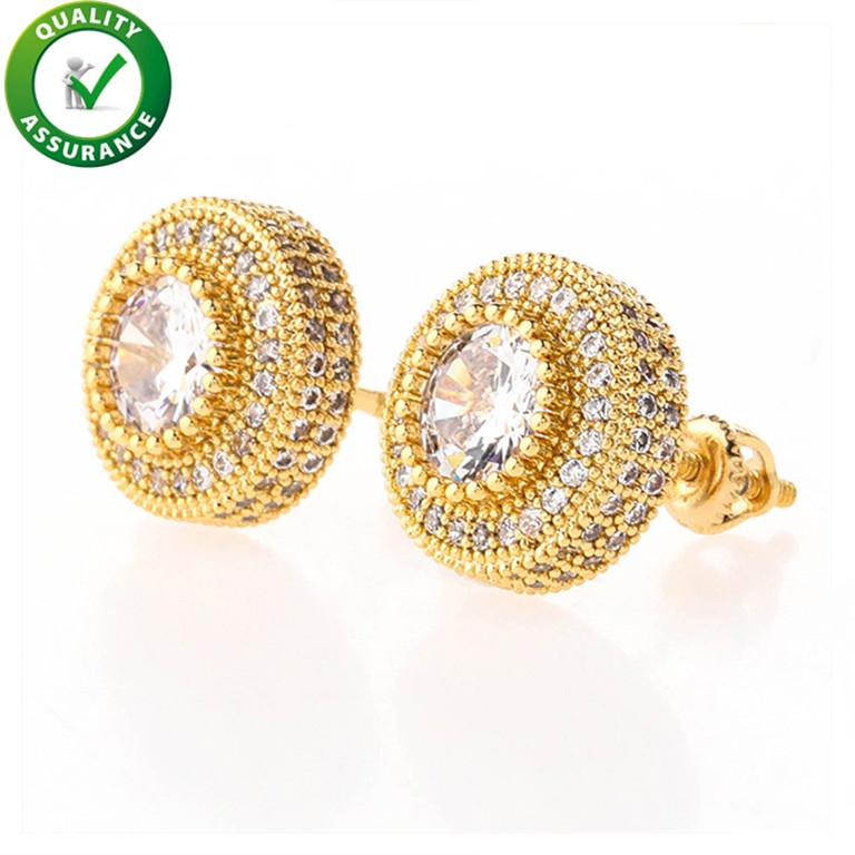 Luxury designer hip hop earrings featuring cubic zirconia stones and 18K gold plating, perfect for stylish men.