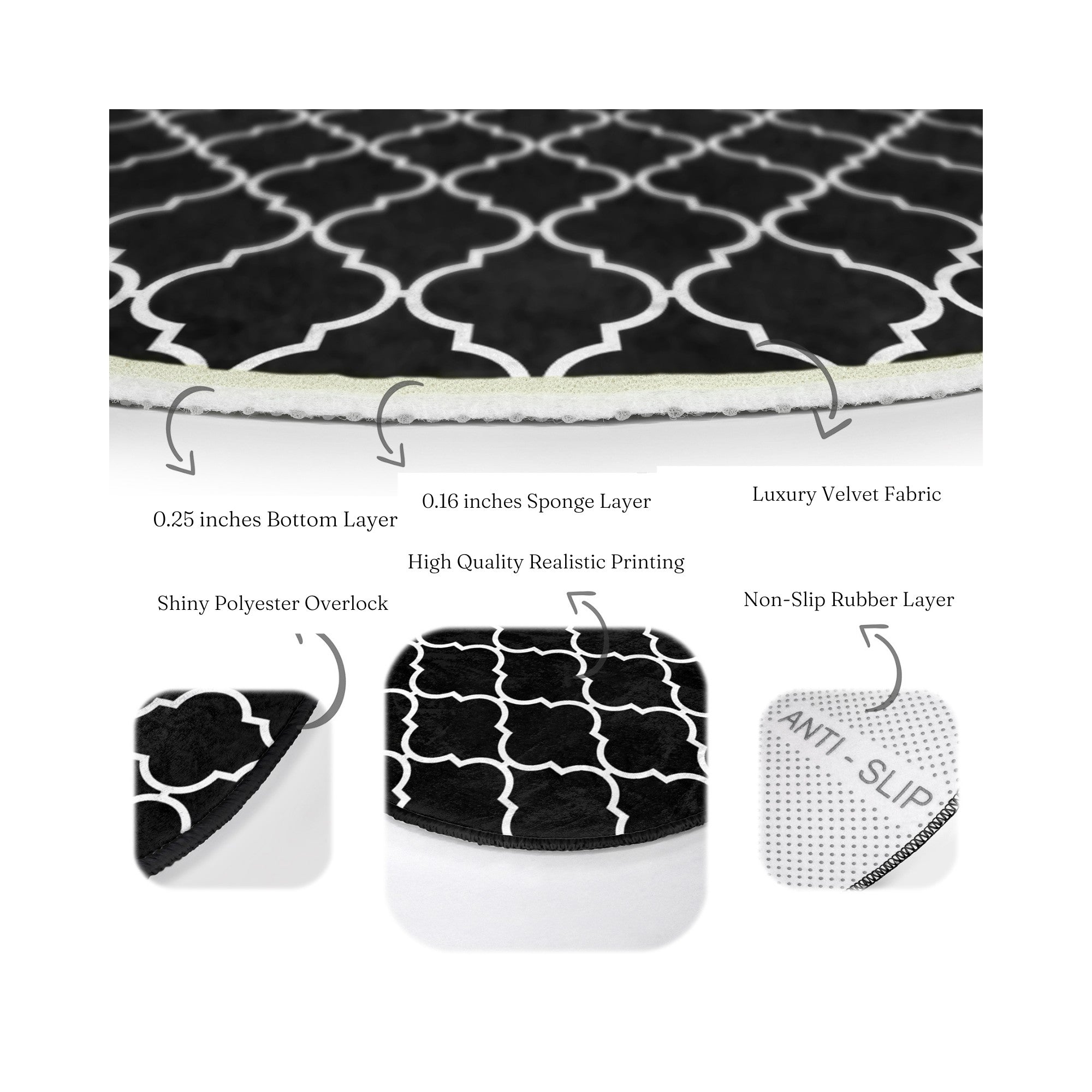 Luxury round rug in black and white design, showcasing a modern and elegant pattern, perfect for living room decor.