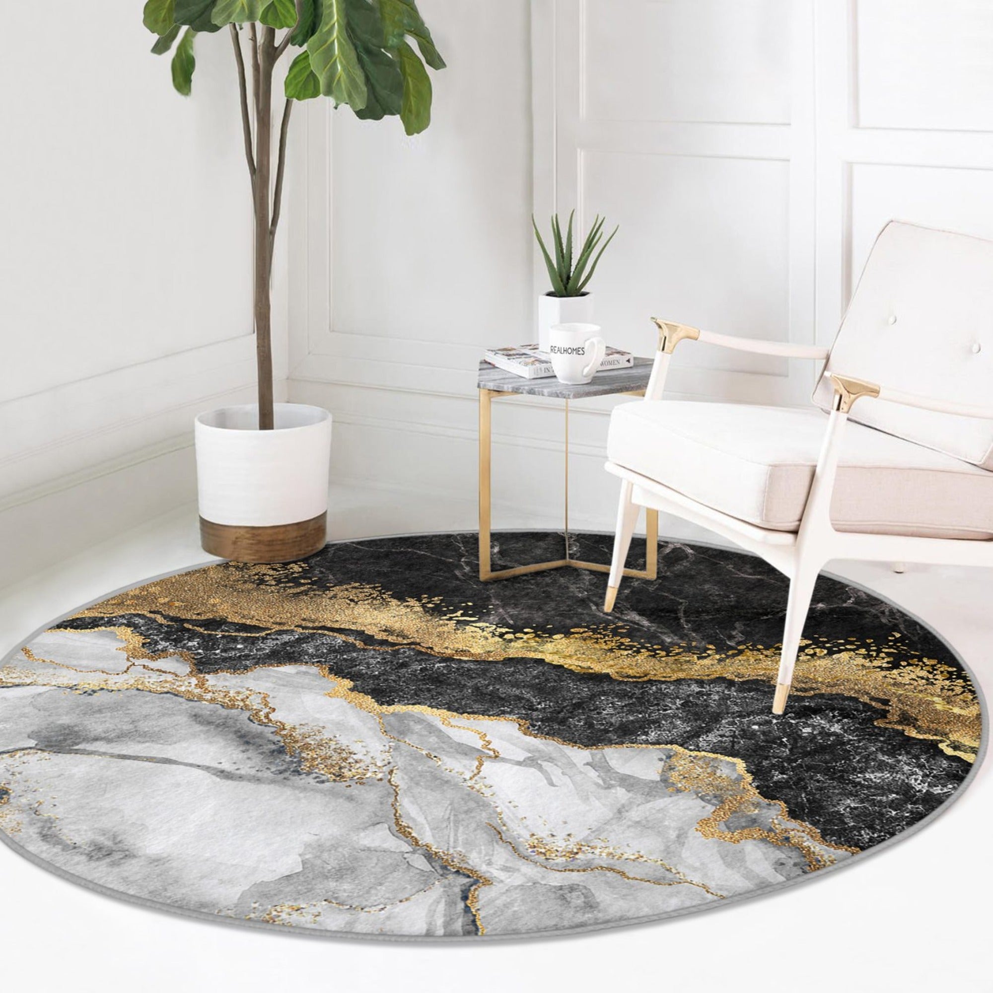 Luxury round rug with a marble pattern, showcasing soft velvet fabric and a non-slip design, perfect for living room decor.