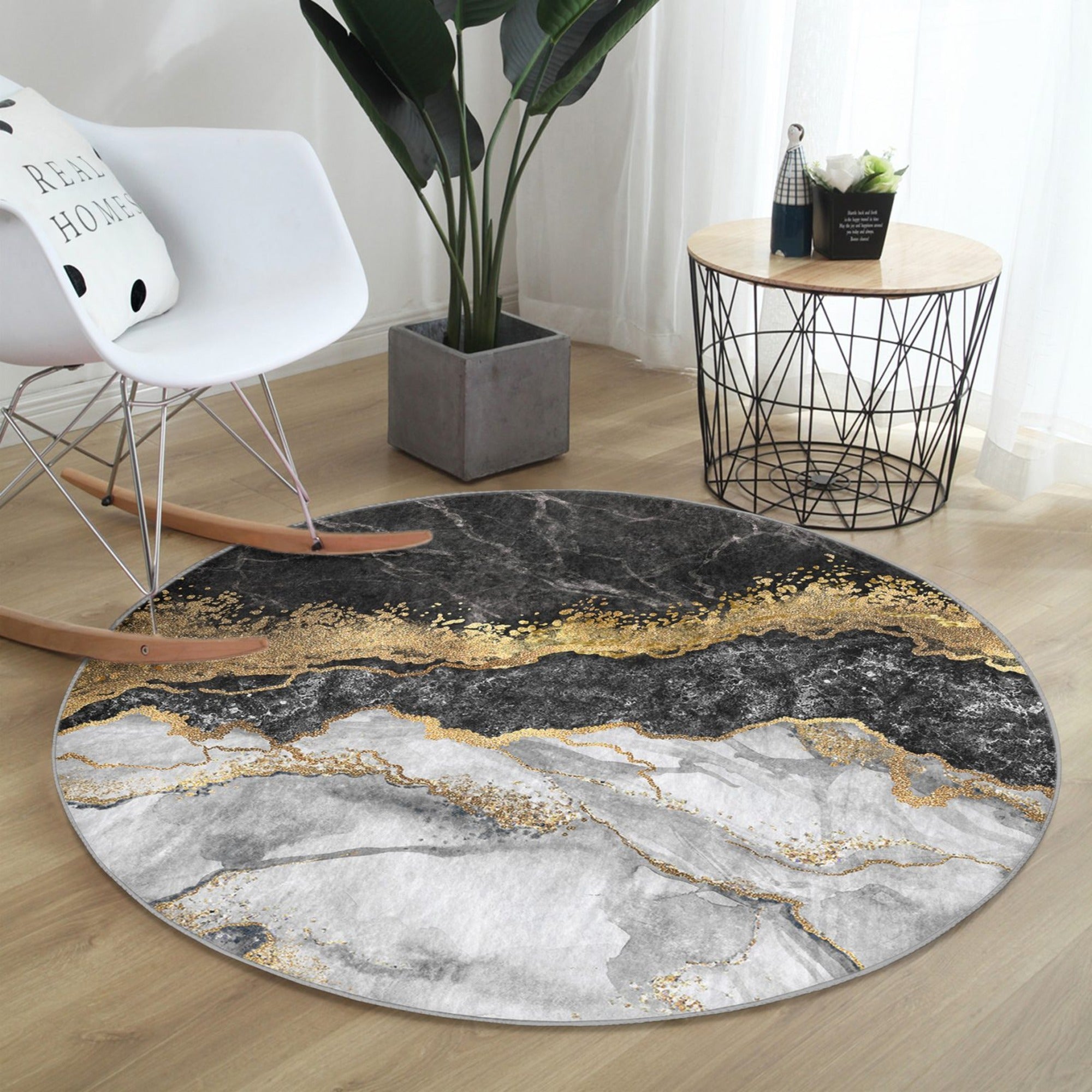 Luxury round rug with a marble pattern, showcasing soft velvet fabric and a non-slip design, perfect for living room decor.