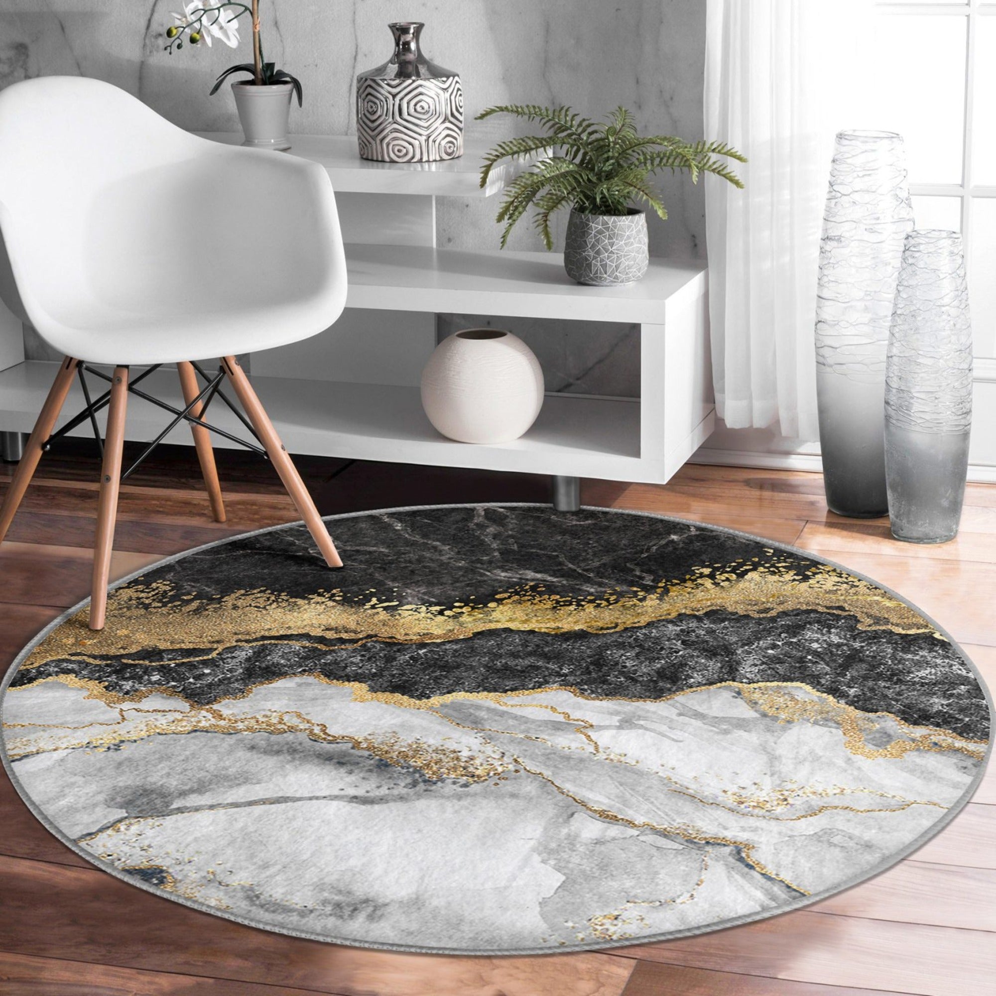 Luxury round rug with a marble pattern, showcasing soft velvet fabric and a non-slip design, perfect for living room decor.