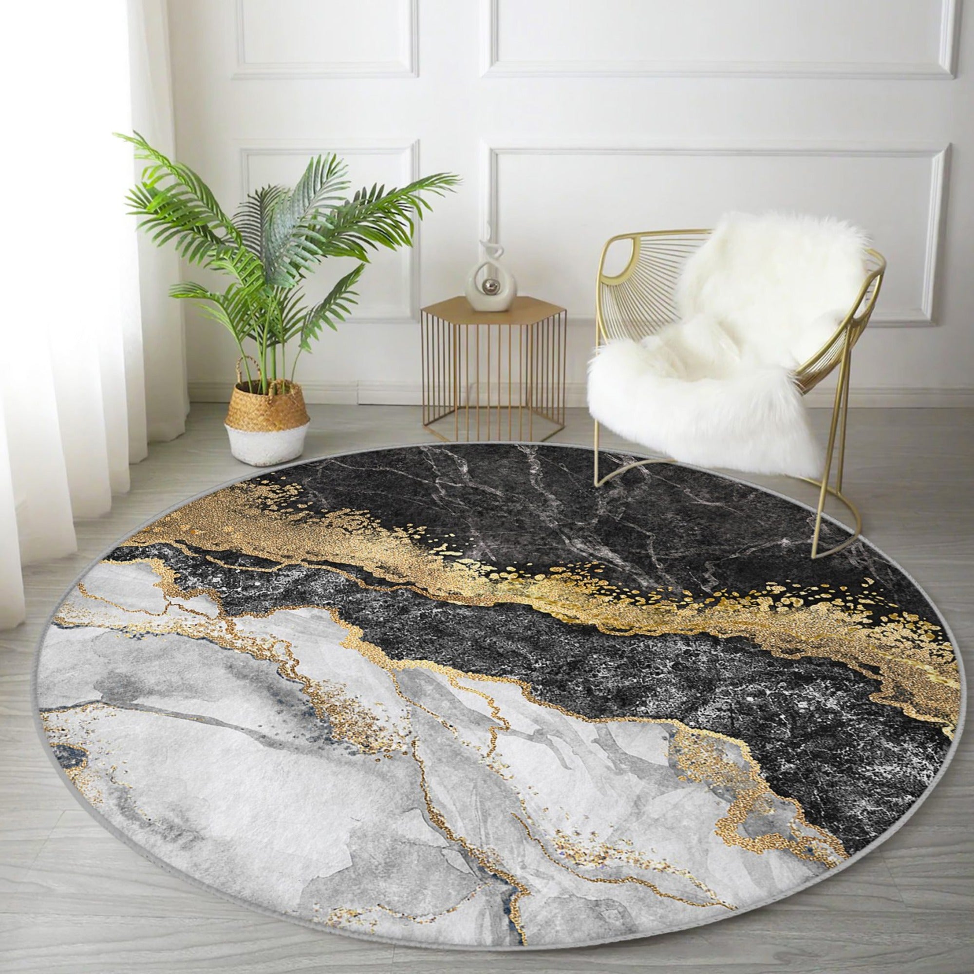 Luxury round rug with a marble pattern, showcasing soft velvet fabric and a non-slip design, perfect for living room decor.