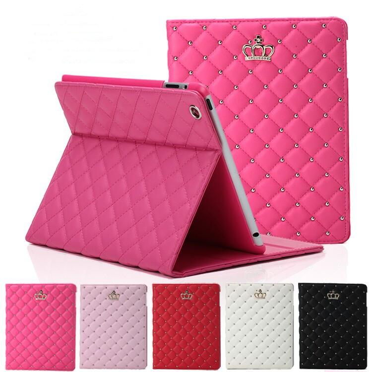 Luxury Rhinestone Crown PU Leather Tablet Folding Case for iPad, showcasing its elegant design and available colors.