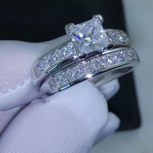 Luxury 10kt white gold filled Topaz Princess cut wedding ring set, available in sizes 5 to 10, showcasing elegance and style.