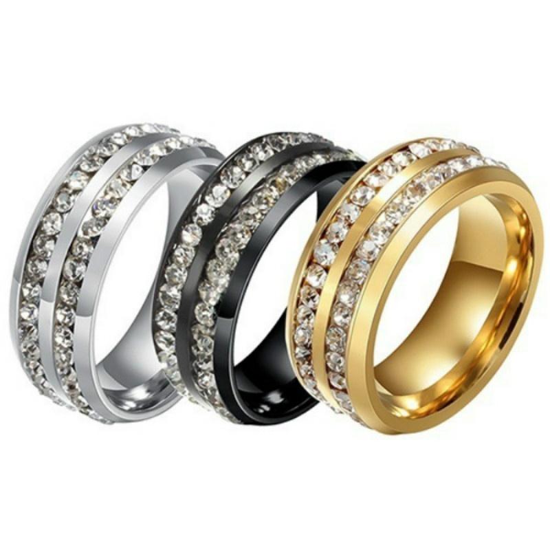 Luxury Women's & Men's Fashion Double Rows Rhinestones Titanium Ring showcasing elegant design with sparkling rhinestones and durable titanium material.