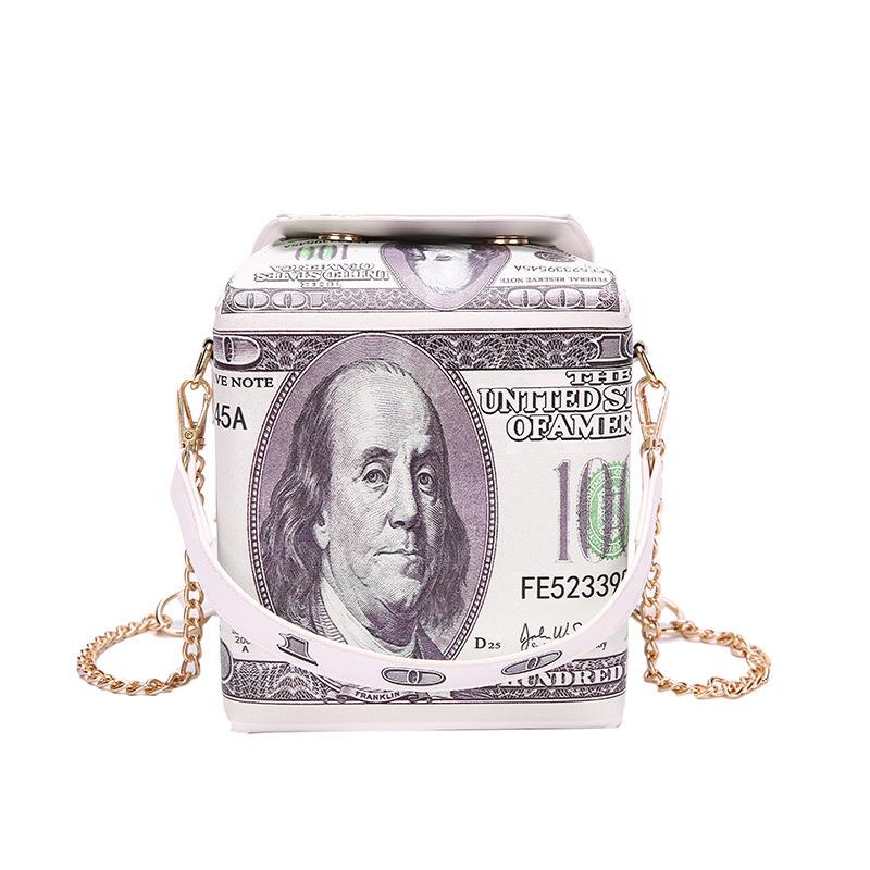 Luxurys Designer Bag featuring a trendy hundred dollar bill design, perfect for stylish women, showcasing its elegant shape and detachable chain.