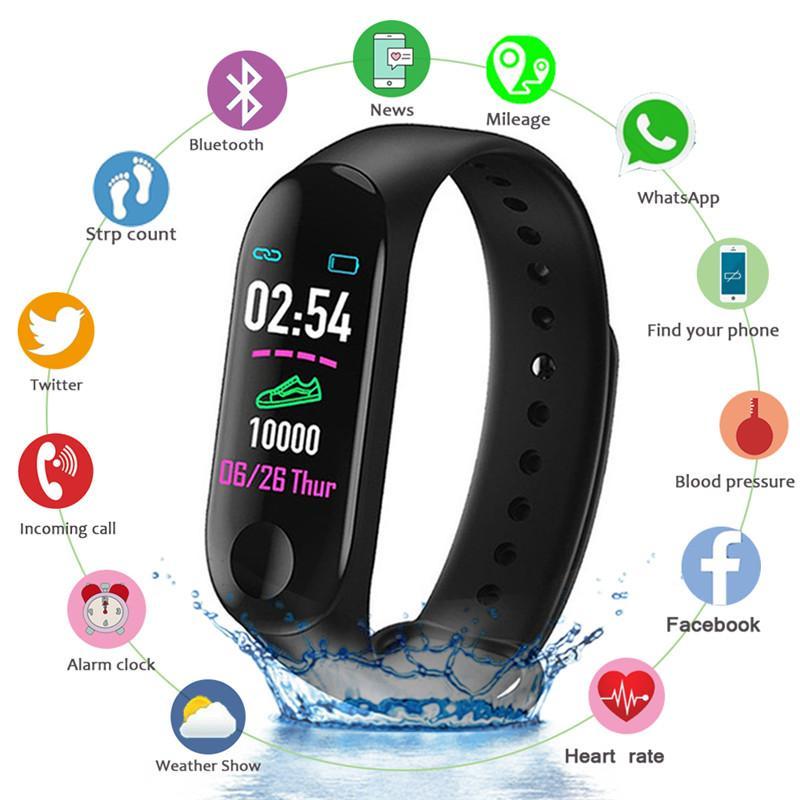 M3 Smart Band Fitness Tracker in black, showcasing its sleek design and display features.