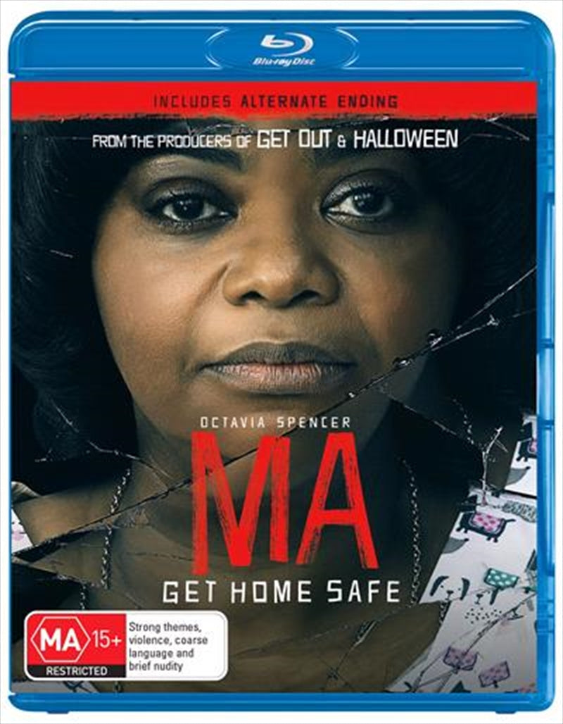 Blu-ray cover of the psychological horror film 'Ma', featuring a close-up of Octavia Spencer's intense expression.