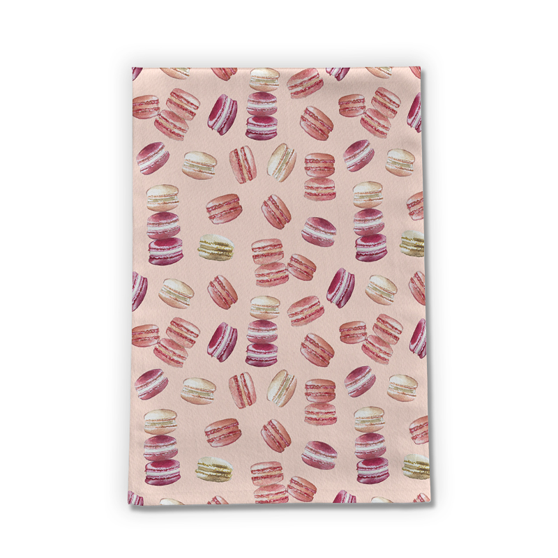 A colorful macaron-themed tea towel made of cotton twill, featuring a charming design perfect for kitchen decor.