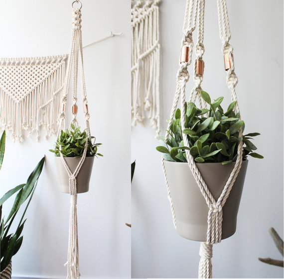 A beautifully handcrafted Copper Macrame Plant Hanger made from 100% cotton rope, showcasing a stylish design with copper accents, perfect for indoor plants.