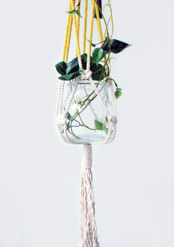 Hand Dyed Macrame Plant Hanger in yellow and orange, showcasing a stylish design made from 100% cotton rope, perfect for indoor and outdoor plants.