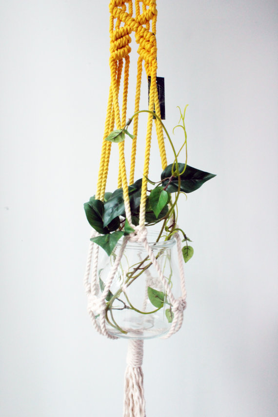 Hand Dyed Macrame Plant Hanger in yellow and orange, showcasing a stylish design made from 100% cotton rope, perfect for indoor and outdoor plants.