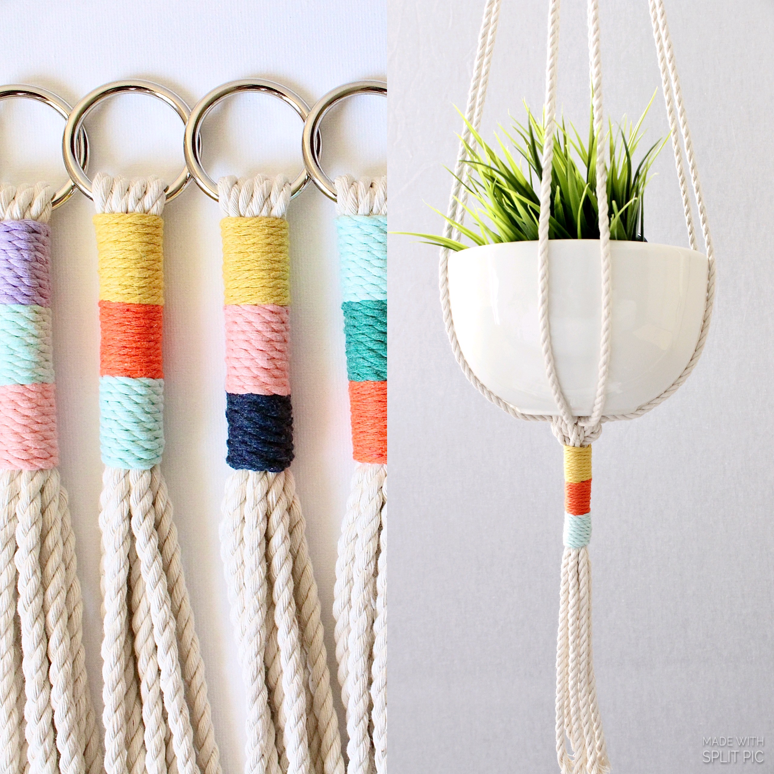 Color Block Macrame Plant Hanger made from natural cotton rope, showcasing a stylish design for indoor plants.