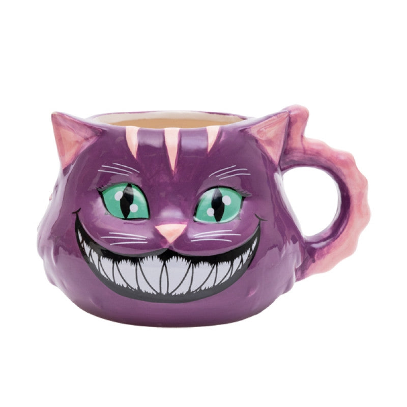 A vibrant 3D mug shaped like a grinning mad cat with turquoise eyes and pink accents.