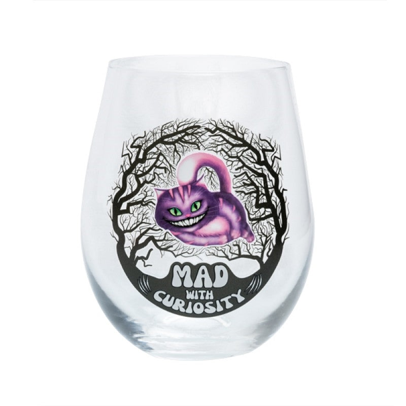 A hand-blown stemless wine glass featuring a curled-up mad cat in a mystical forest, with the text 'Mad With Curiosity' in bubble letters.