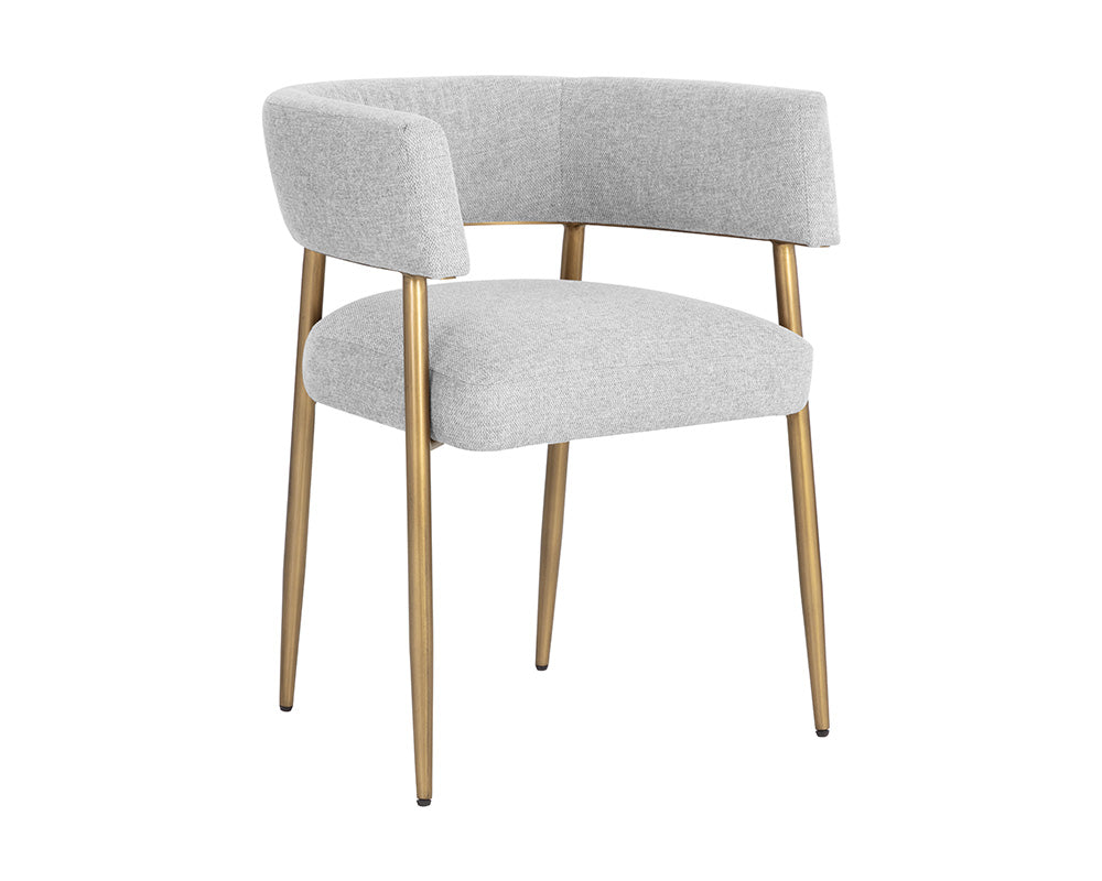 Maestro Dining Armchair in Belfast Heather Grey with antique brass legs, showcasing a contemporary design and curved frame.