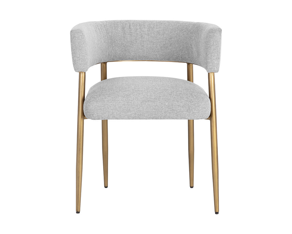 Maestro Dining Armchair in Belfast Heather Grey with antique brass legs, showcasing a contemporary design and curved frame.