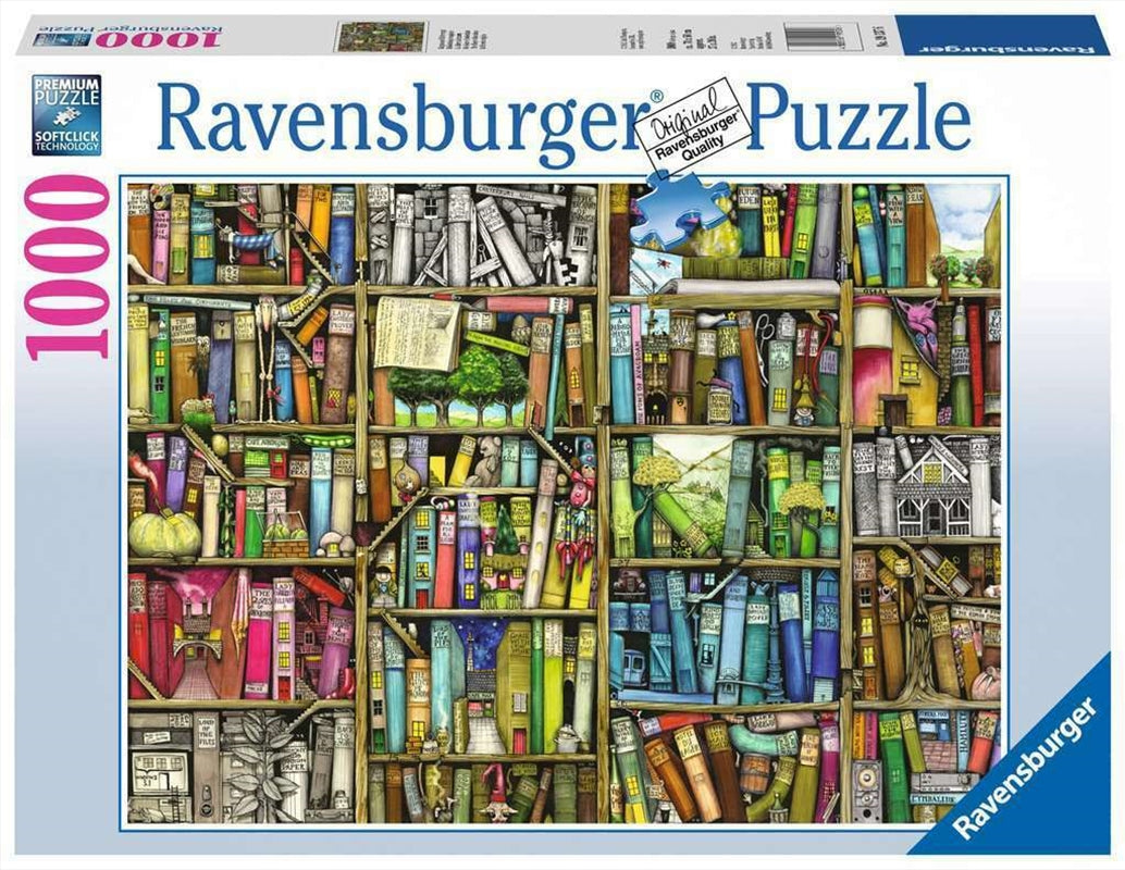 A colorful 1000-piece puzzle featuring a magical bookcase filled with books and whimsical items.