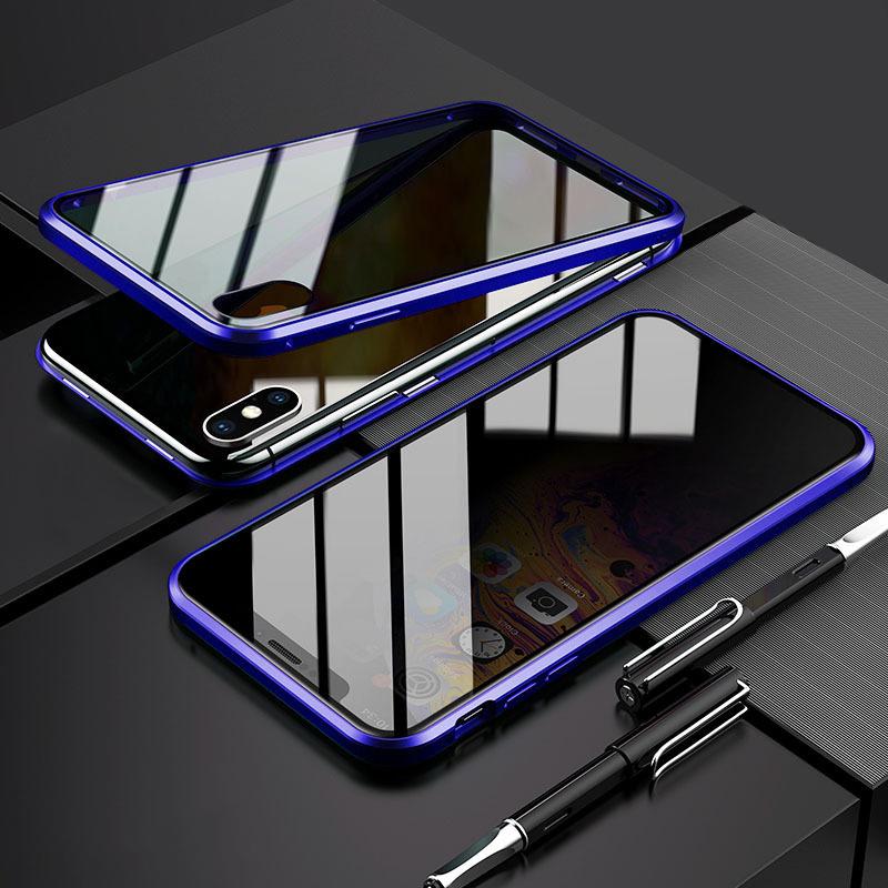 Magnetic Adsorption Anti-Peeping 360 Full Tempered Glass Case for iPhone in multiple colors, showcasing its sleek design and protective features.