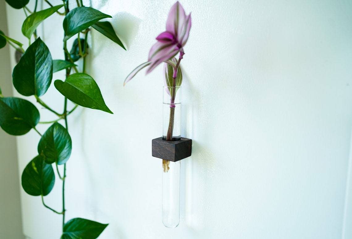 A stylish Magnetic Flower & Propagation Vase made from sustainably sourced Black Walnut, floating on a metal surface with flowers inside.