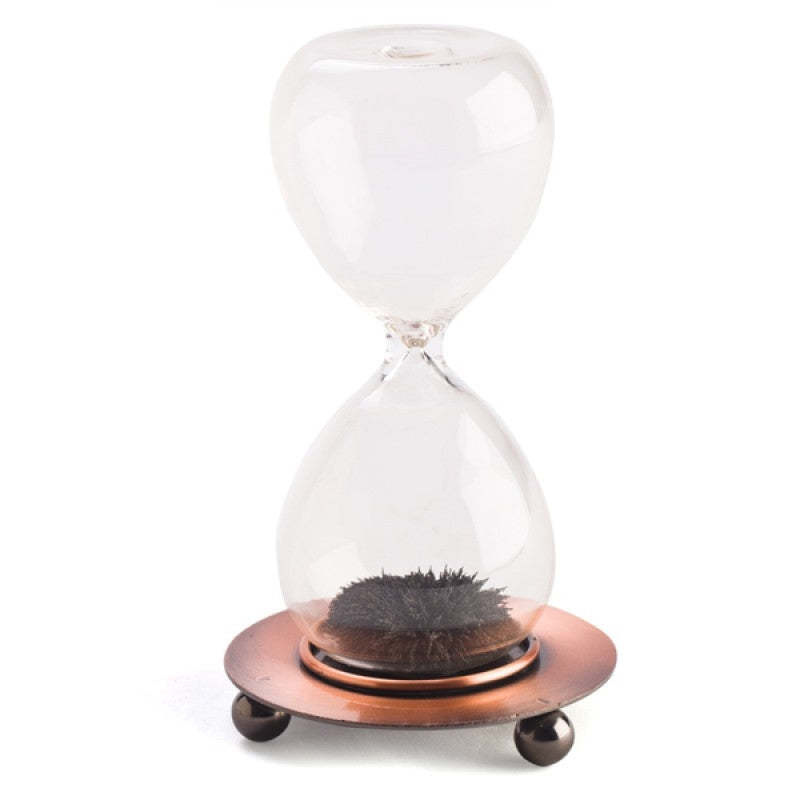 Magnetic Sand Timer featuring iron filings and a sleek metal stand, showcasing unique structures formed by magnetic interaction.