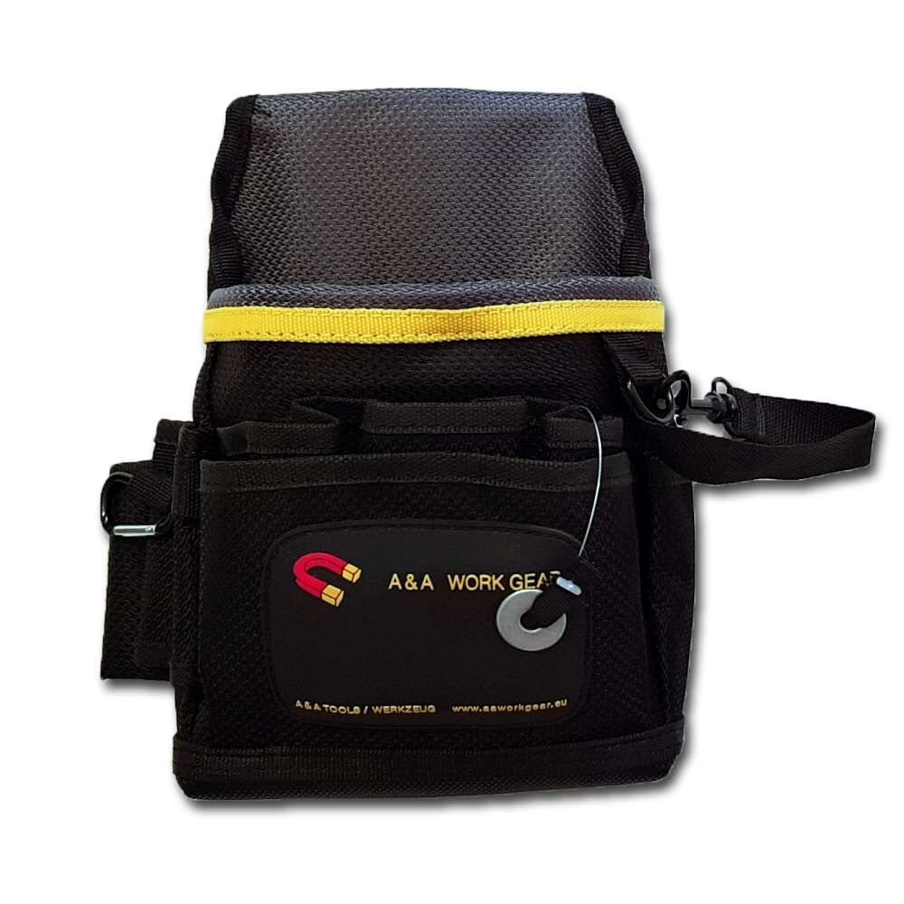 Magnetic tool pouch made of durable 1680 D Nylon and Polyester, featuring strong embedded magnets for holding screws and small tools securely.