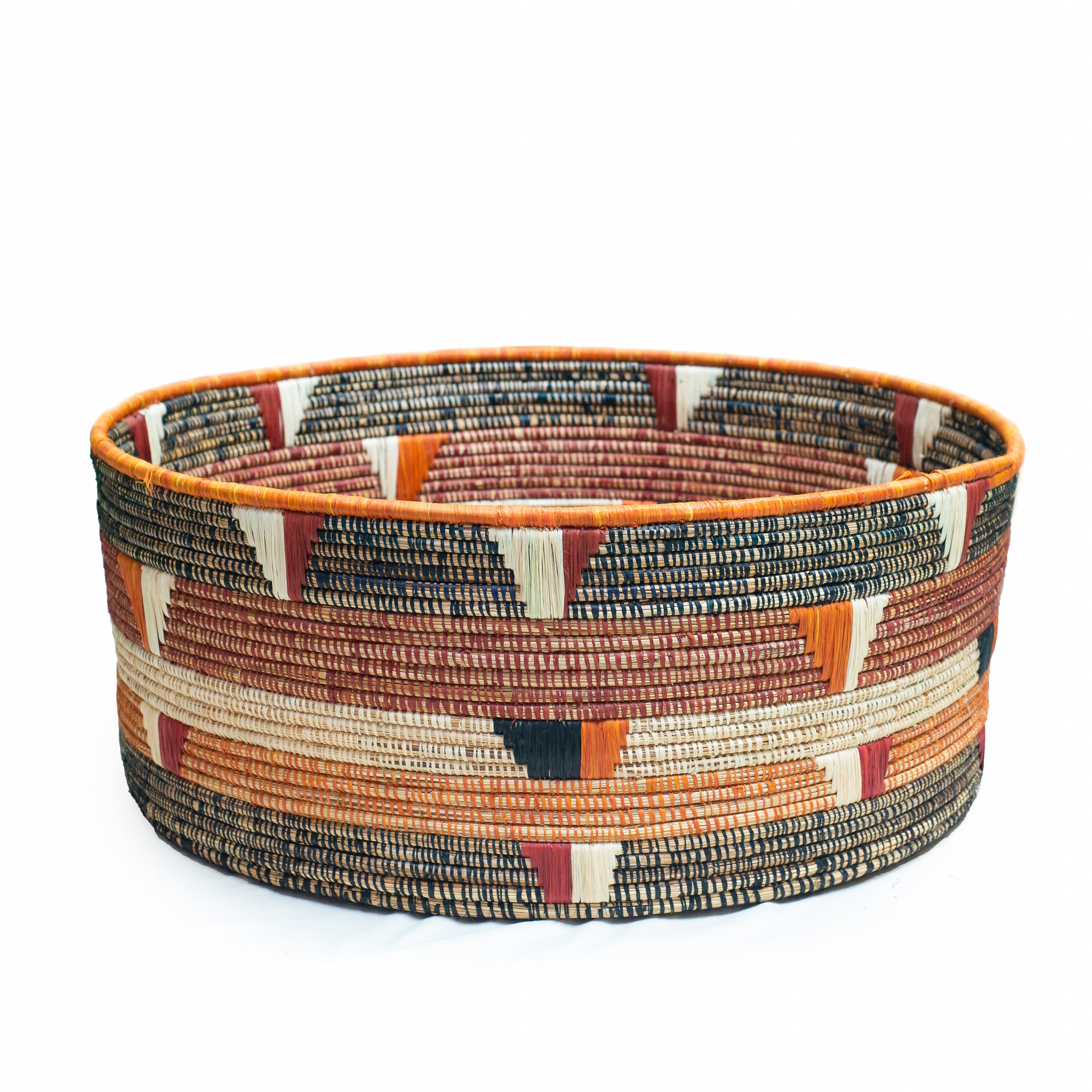 A beautifully handwoven Mahale Multi-Purpose Basket showcasing authentic African design with vibrant colors and unique striped patterns, perfect for home decor.