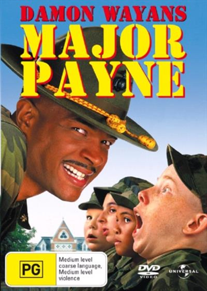 Major Payne DVD cover featuring Damon Wayans in military attire, showcasing a comedic scene.