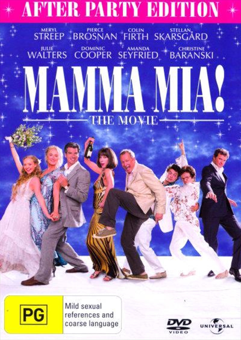 Mamma Mia! After Party Edition DVD cover featuring Meryl Streep and vibrant colors.