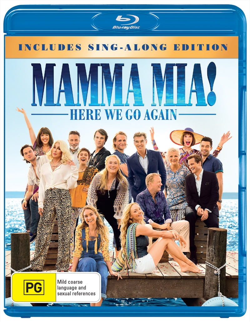 Mamma Mia - Here We Go Again! Blu-ray cover featuring vibrant colors and characters from the film.