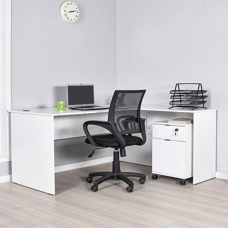 ALINA White Manager Office Desk with reversible corner design, spacious surface, and cable management slots.