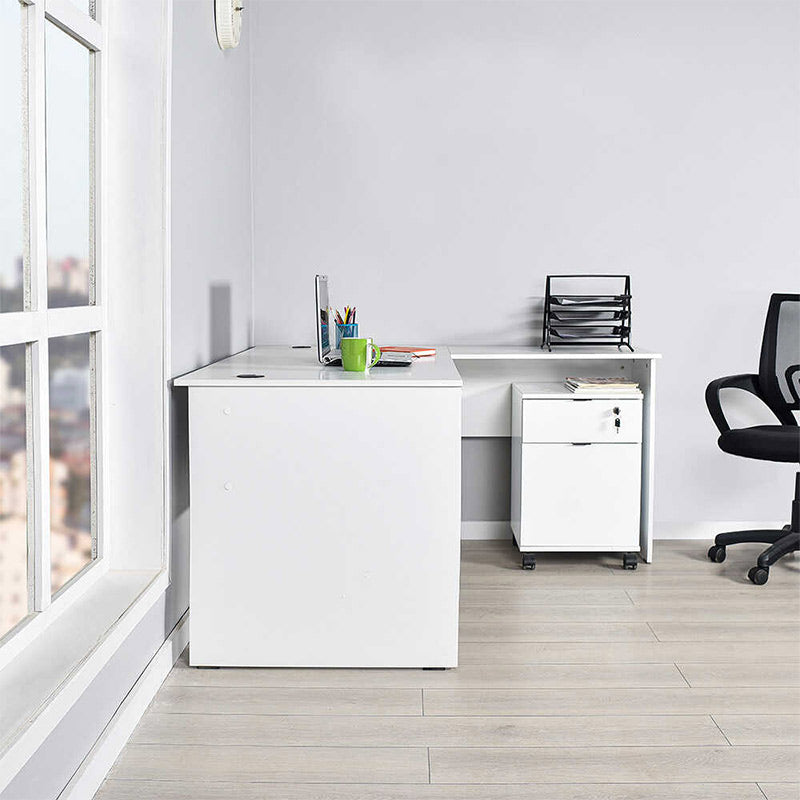 ALINA White Manager Office Desk with reversible corner design, spacious surface, and cable management slots.